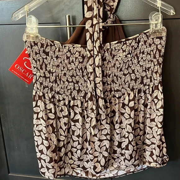 NWT Oscar de la Renta top. Size L Brown and Cream lead design ties around neck - Picture 6 of 15